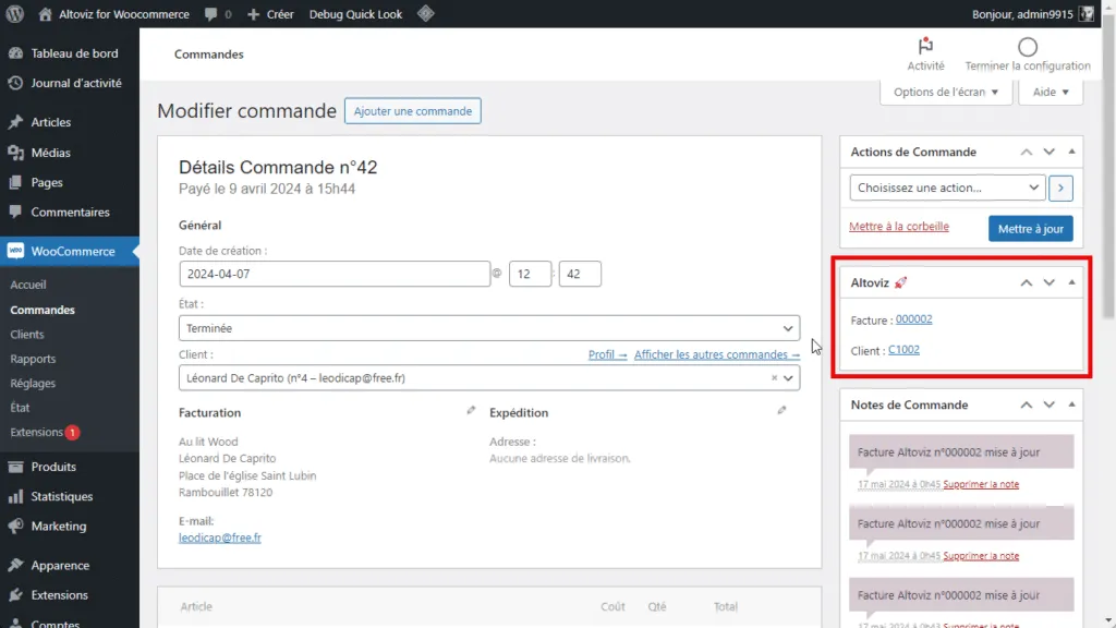 Altoviz pour WooCommerce Détail de commande