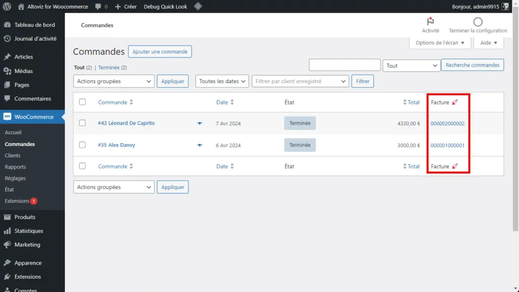 Altoviz pour WooCommerce Commandes