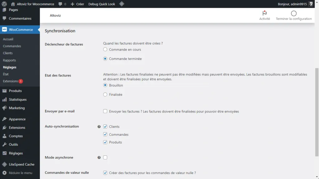 Altoviz pour WooCommerce Paramètres