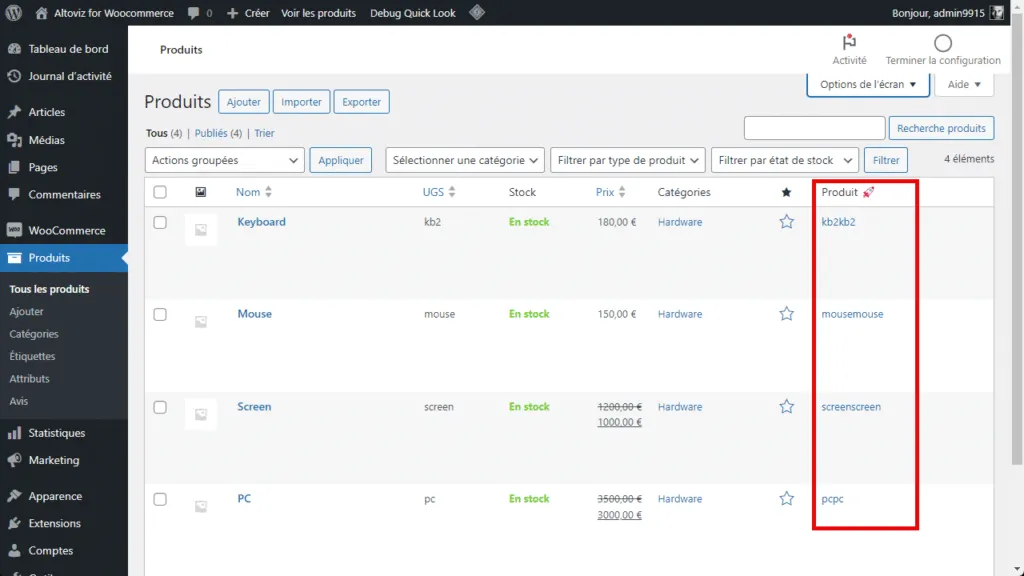 Altoviz pour WooCommerce Produits