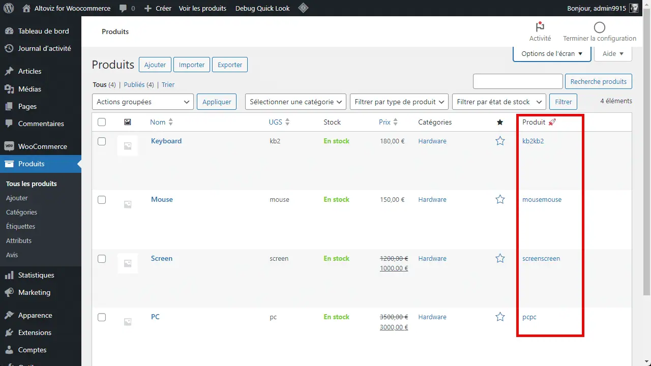 Altoviz pour WooCommerce, produits