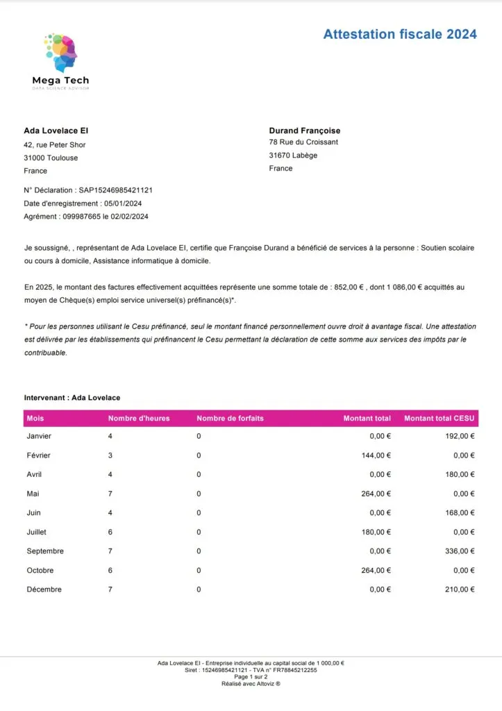 Modèle d’attestation fiscale annuelle pour les services à la personne - page 1