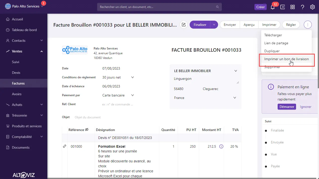 Impression d’un bon de livraison à partir d’une facture