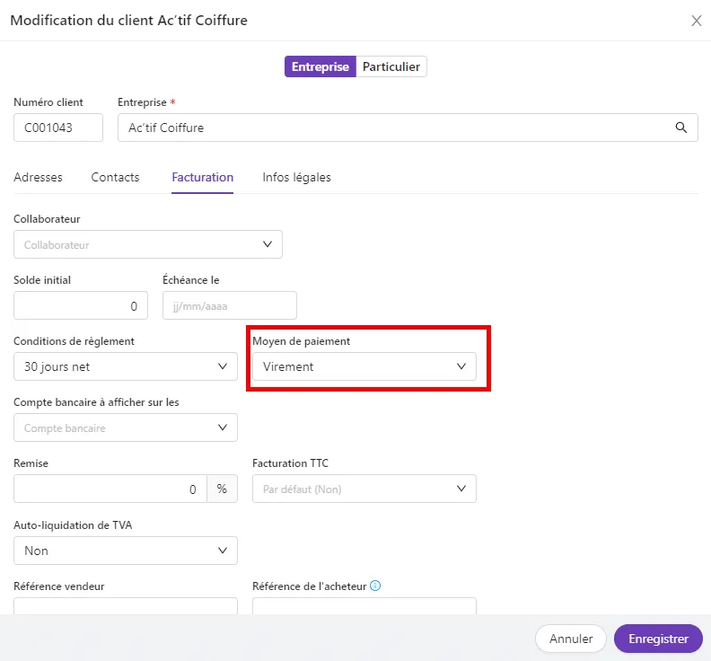 Moyen de paiement dans la fiche client