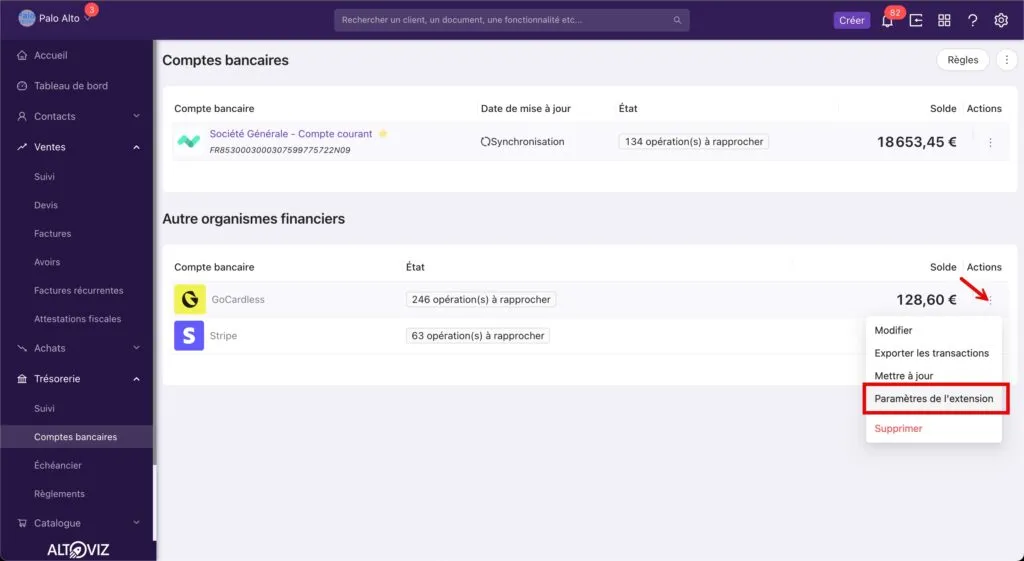 Accès direct aux extensions depuis les comptes bancaires