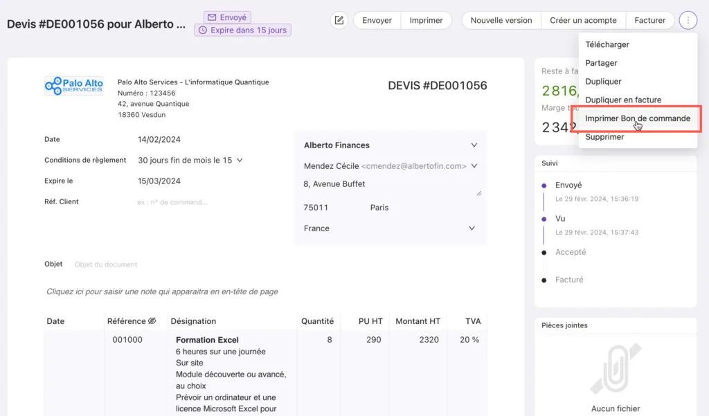 Impression d’un bon de commande depuis un devis