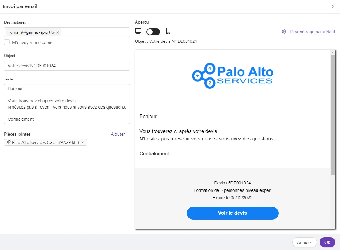 Envoi d'un devis par e-mail