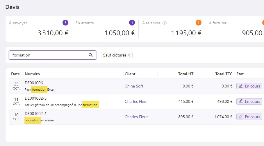 Recherche des devis et factures par objet