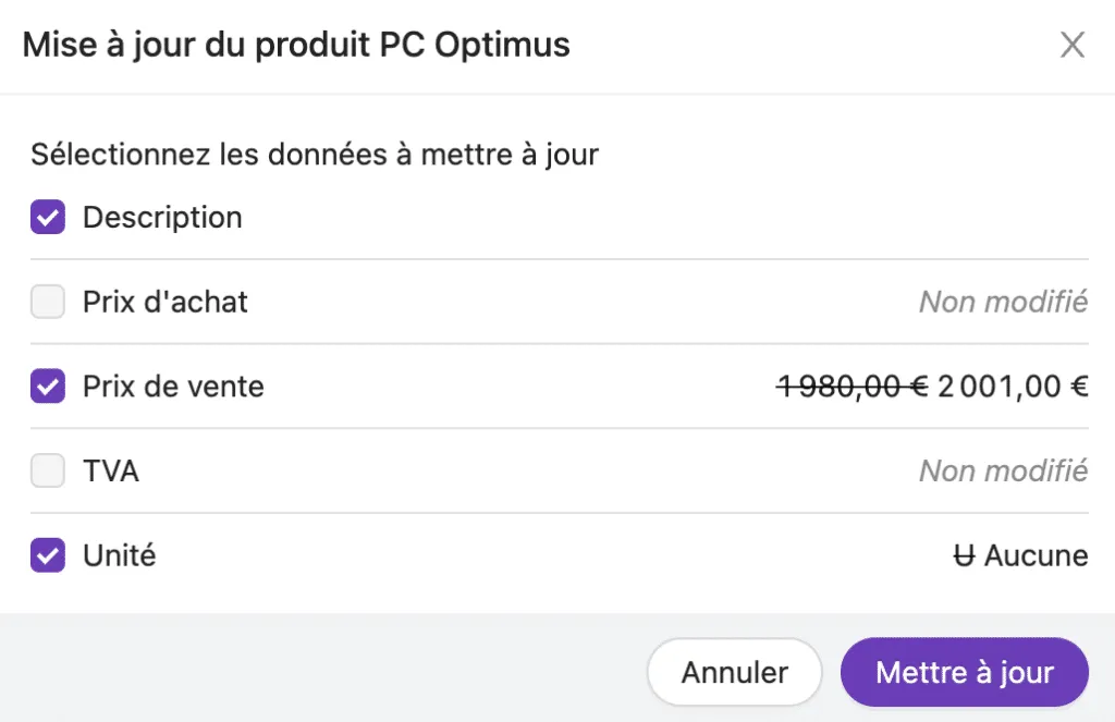 Paramètres de la mise à jour de produit depuis un devis ou une facture
