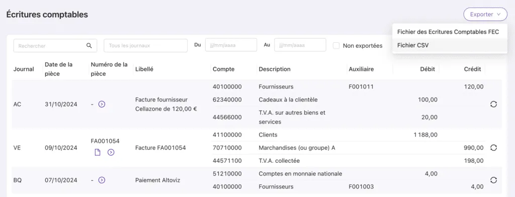 Export CSV des écritures comptables