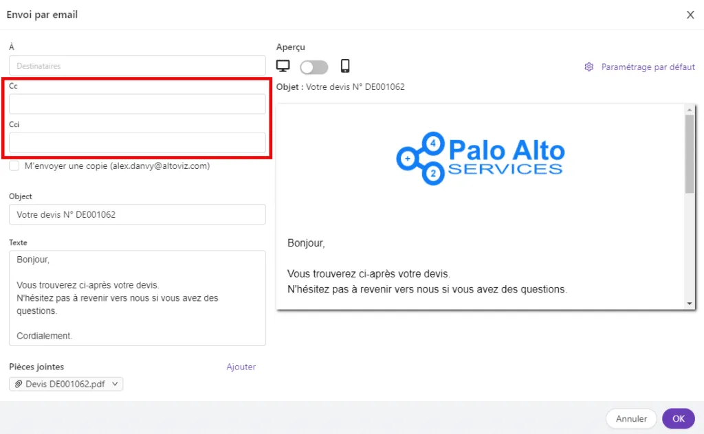 Envoi d’email en copie et copie cachée