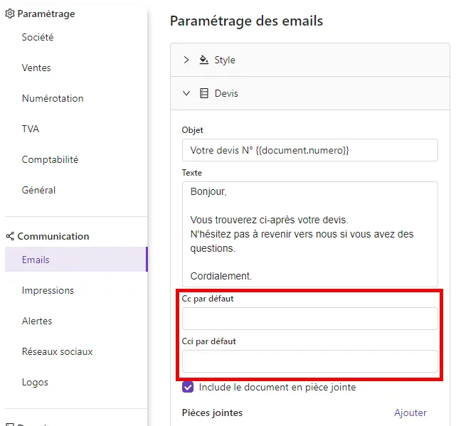 Paramètres des e-mails avec copie et copie cachée par défaut