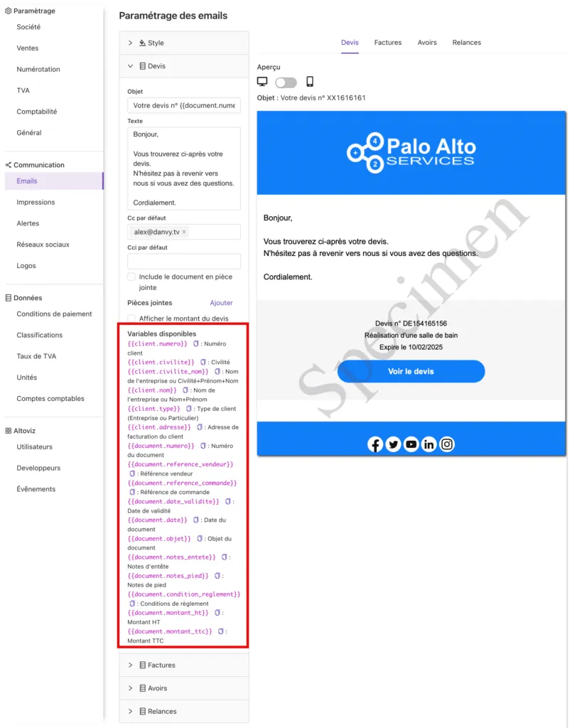 Variables pour les e-mails