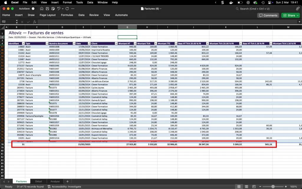 Export Excel avec totaux