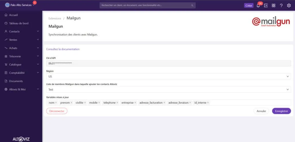 Synchronisation des contacts Altoviz avec Mailgun pour pouvoir faire des envois d’e-mails