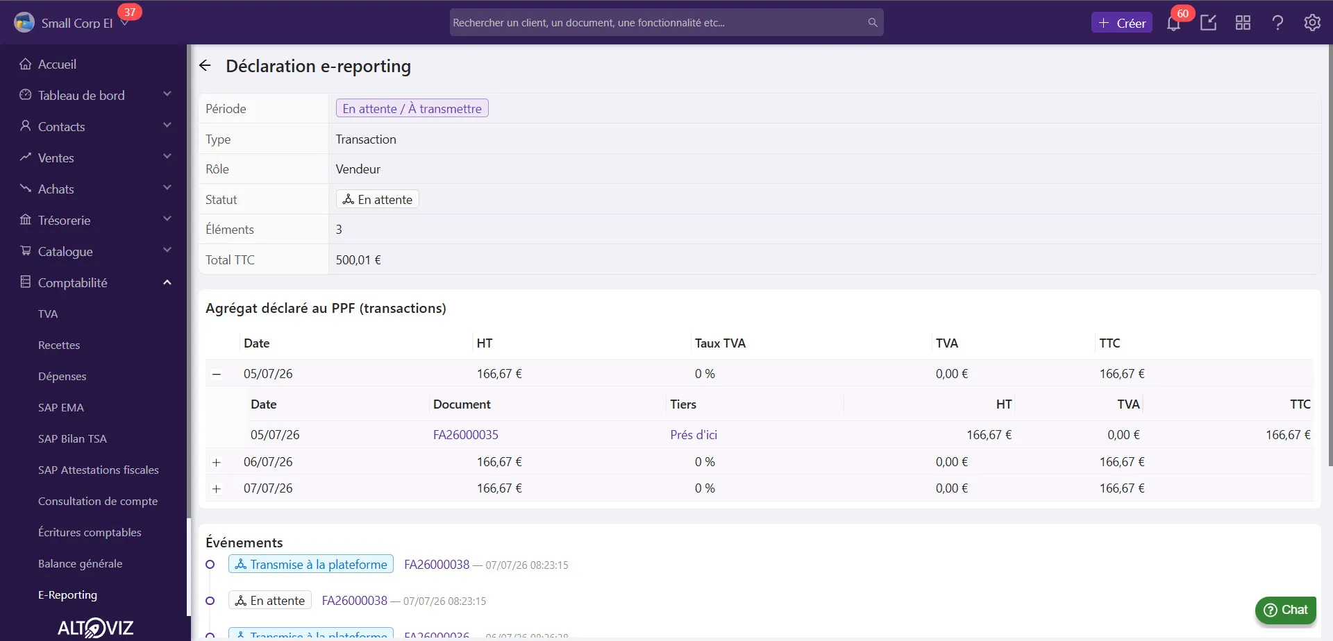 Détail d’un e-Reporting en attente de transmission