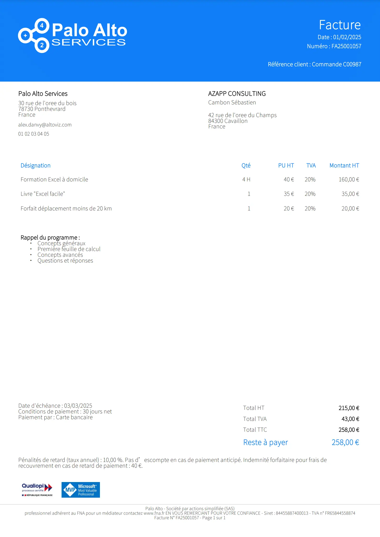 Facture formation Excel bleue