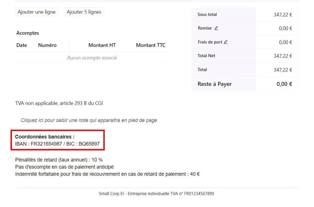 IBAN en pied de devis et facture