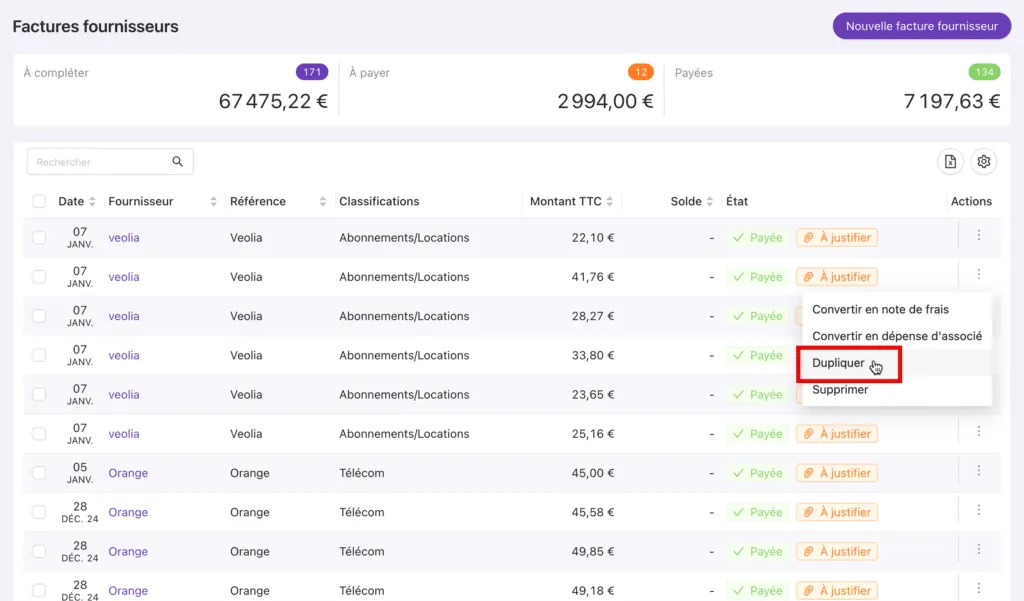 Duplication de facture fournisseur