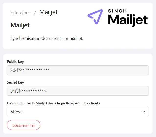 Paramètres Mailjet