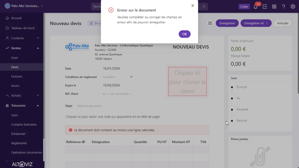 Message d’erreur à l’enregistrement