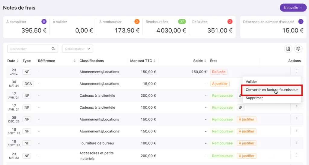 Conversion de note de frais en facture fournisseur
