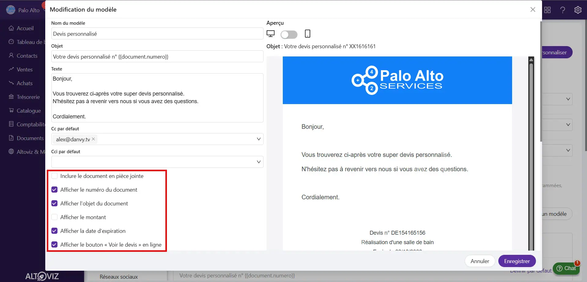 Options d’affichage d’un modèle d’e-mail de facture
