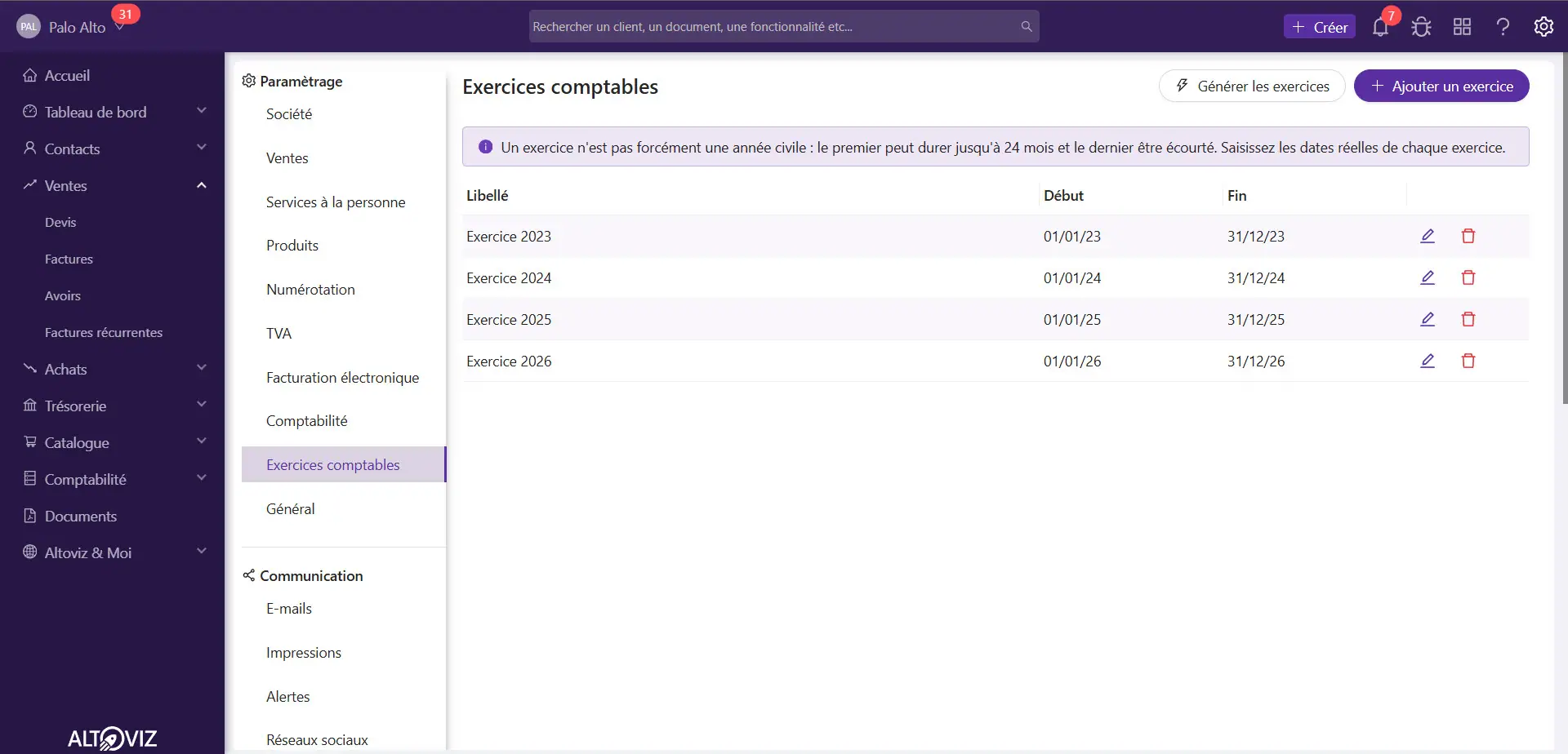 Paramétrage des exercices comptables