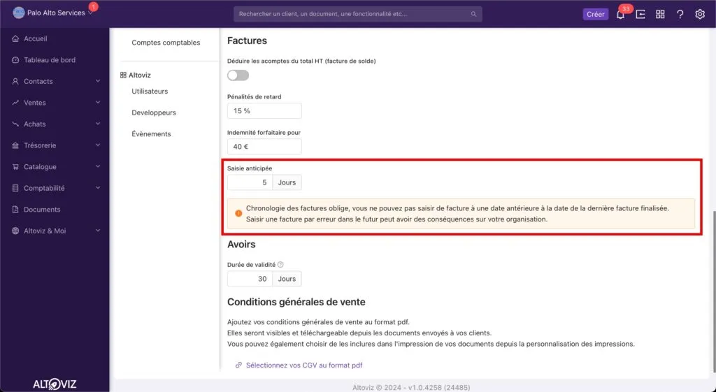 Paramètre pour la saisie anticipée de factures