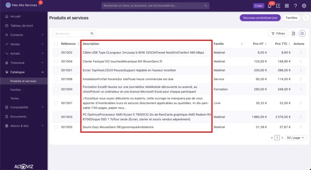 Description dans la liste des produits