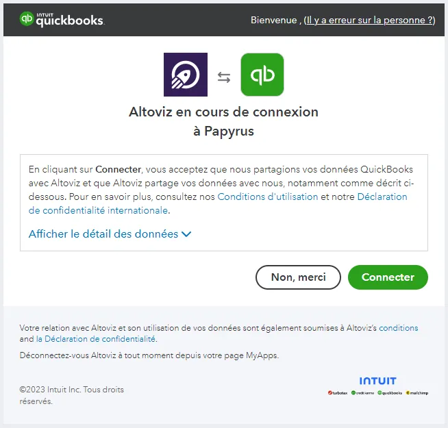 Récupération des données de Quickbooks dans Altoviz