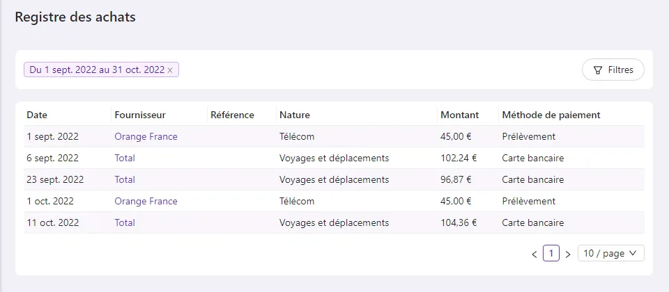 Registre des achats