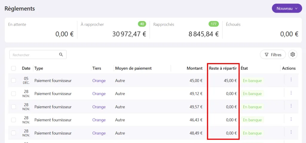 Reste ç répartir sur la liste des règlements