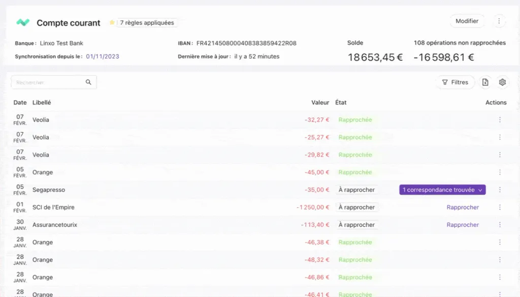 Relevé bancaire avec débit et crédit