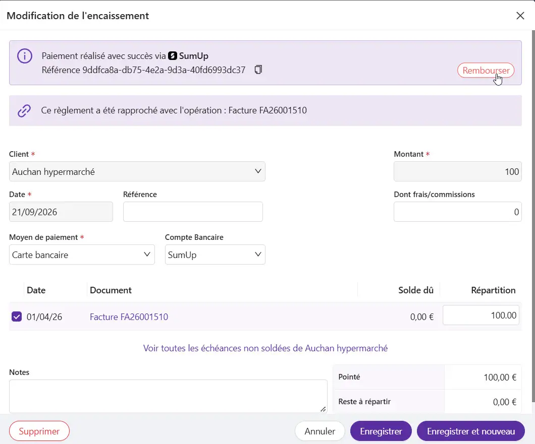 Remboursement d'un règlement SumUp